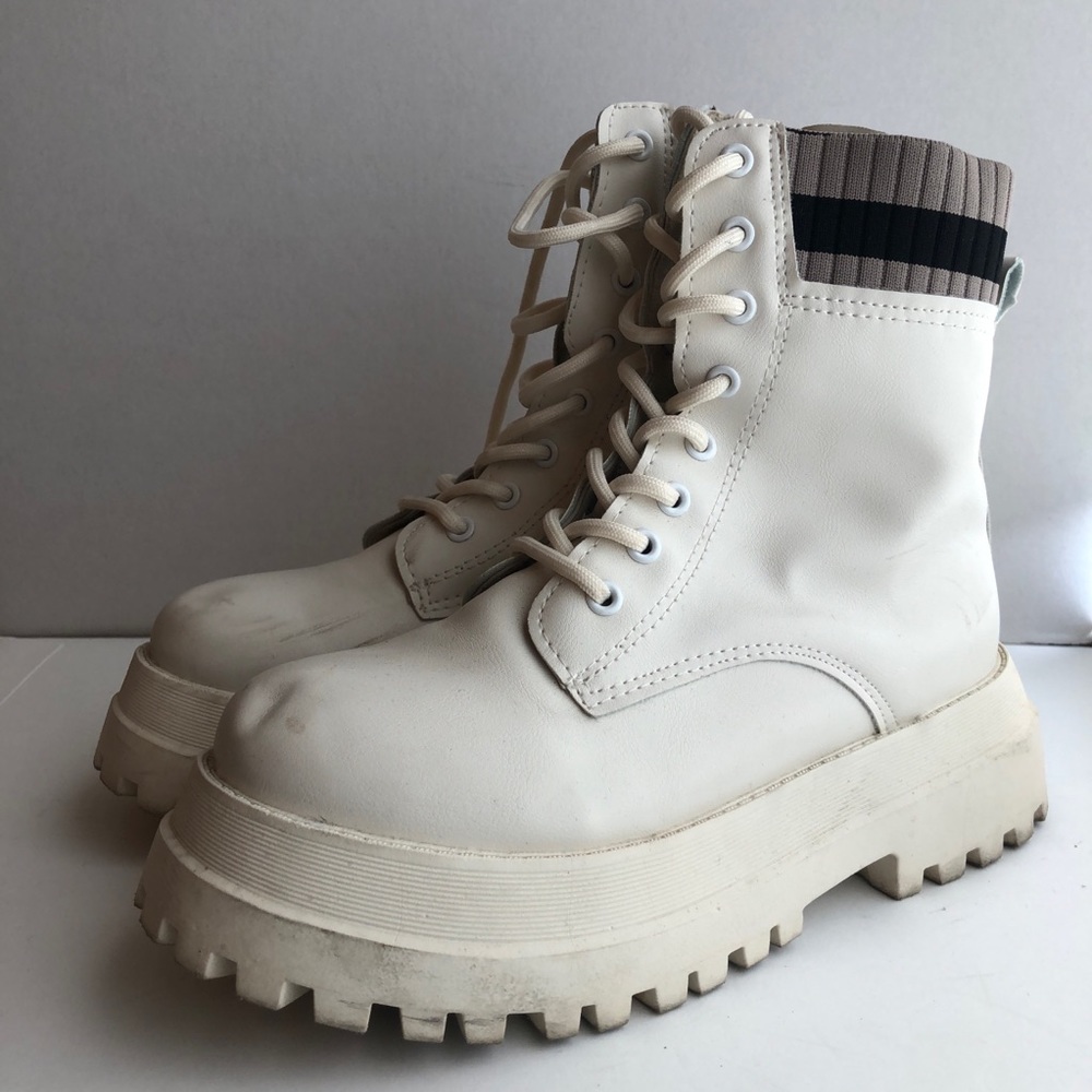 White Cream Beige Combat Boots Platform